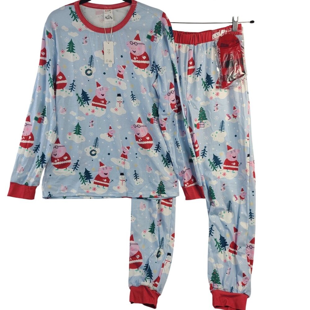 Peppa Pig Christmas Pajama Set Mens Sz S Blue Red Polyester Spandex Long Sleeve